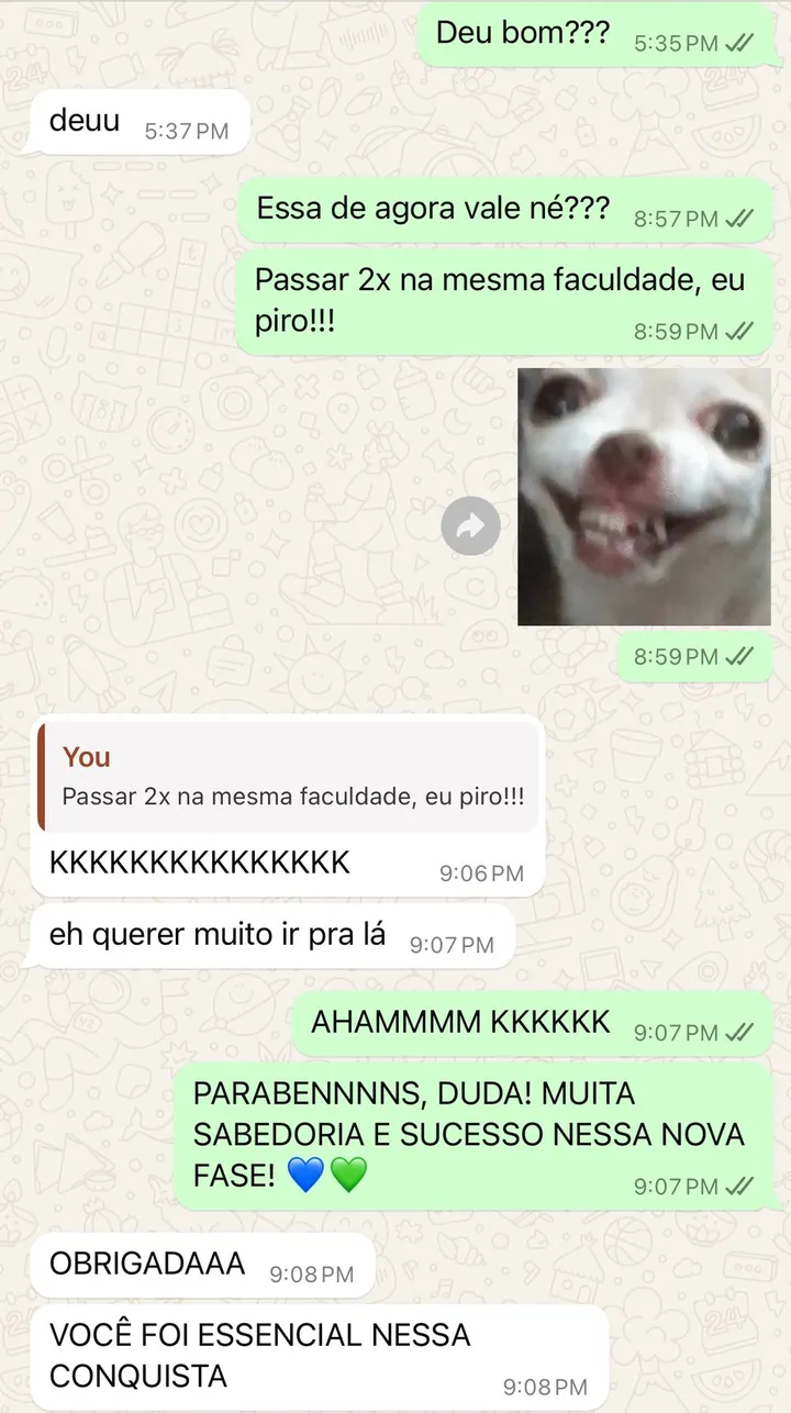 Mensagem real de aluna aprovada duas vezes agradecendo ao Gabriel