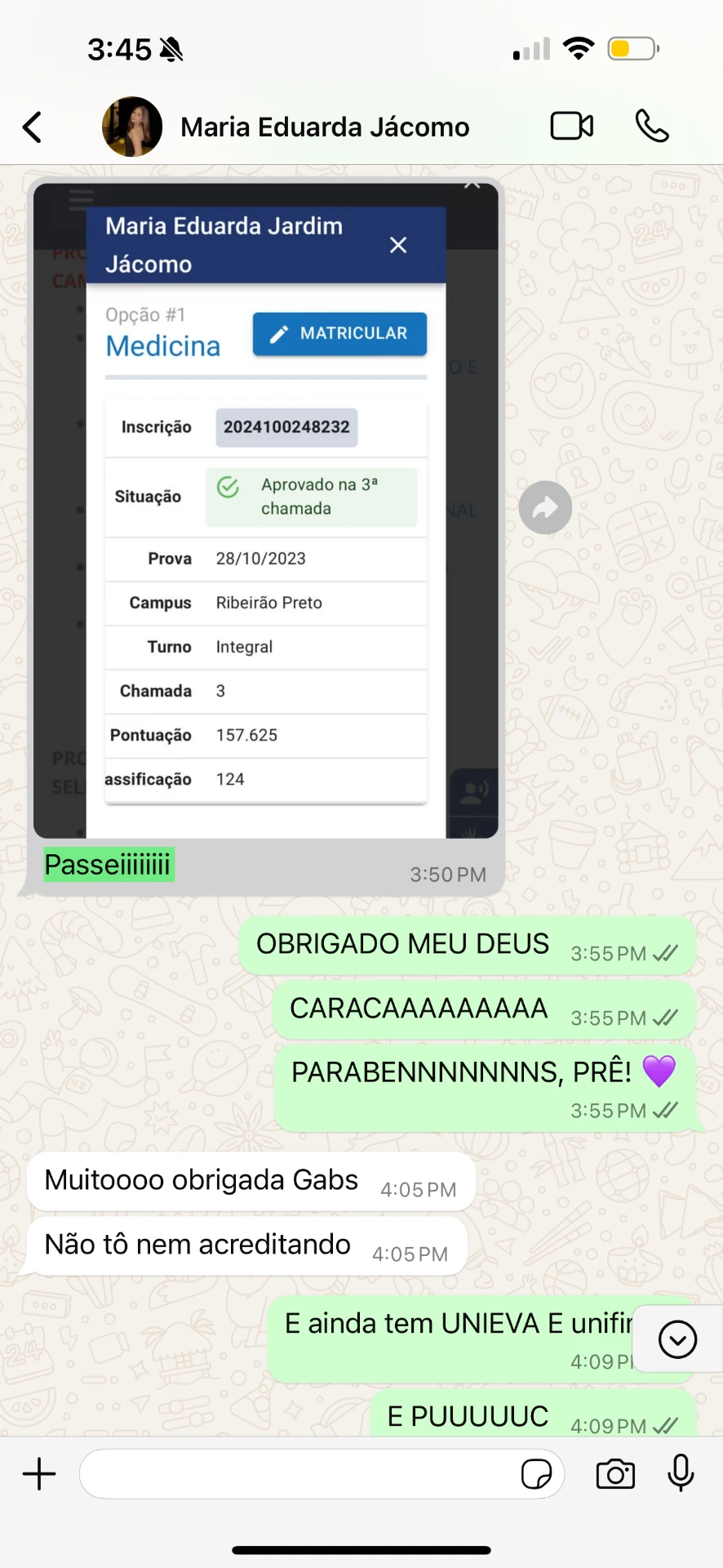 Mensagem real de Maria Eduarda: Passeiiiiii, aprovada em Medicina em Ribeirão Preto