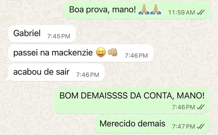 Mensagem real de aluno: passei na Mackenzie